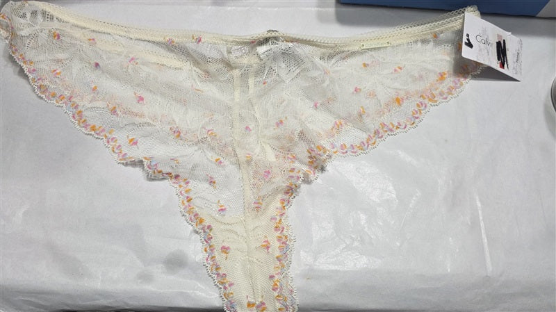 Calvin Klein XL Embroidered Pom Pom Lace Thong Panty Ivory QF5190 136666