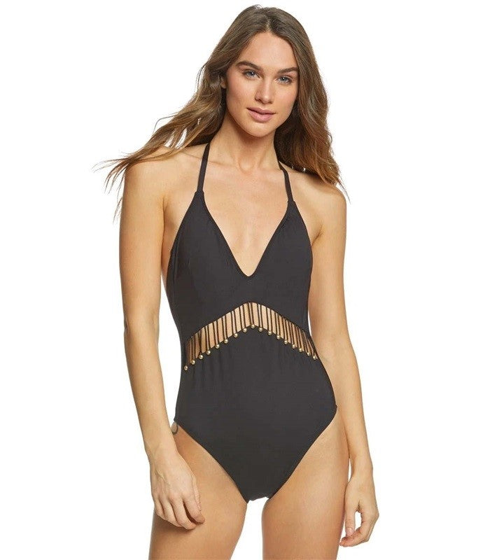 NWT Kenneth Cole REACTION Button Up Halter One Piece Swimsuit Black 136678