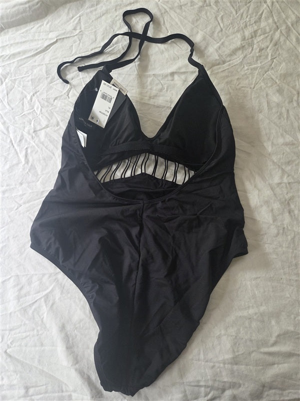 NWT Kenneth Cole REACTION Button Up Halter One Piece Swimsuit Black 136678