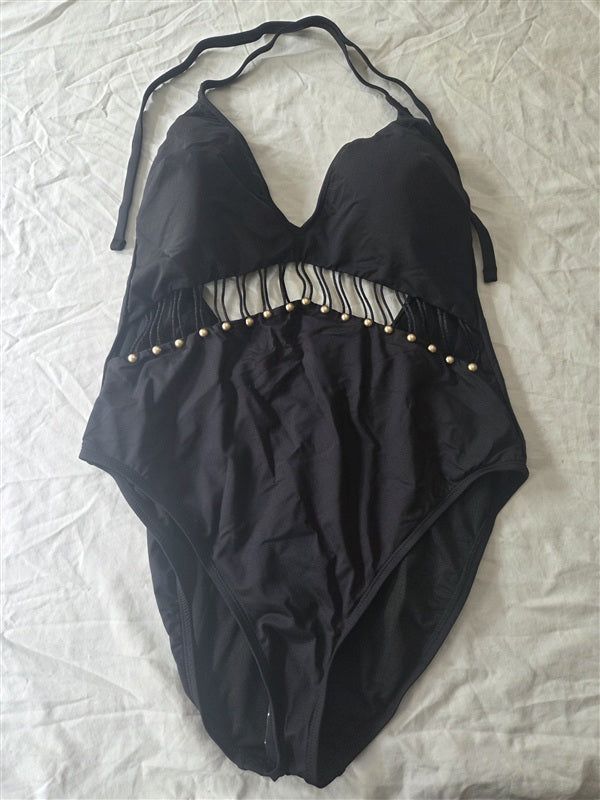 NWT Kenneth Cole REACTION Button Up Halter One Piece Swimsuit Black 136678