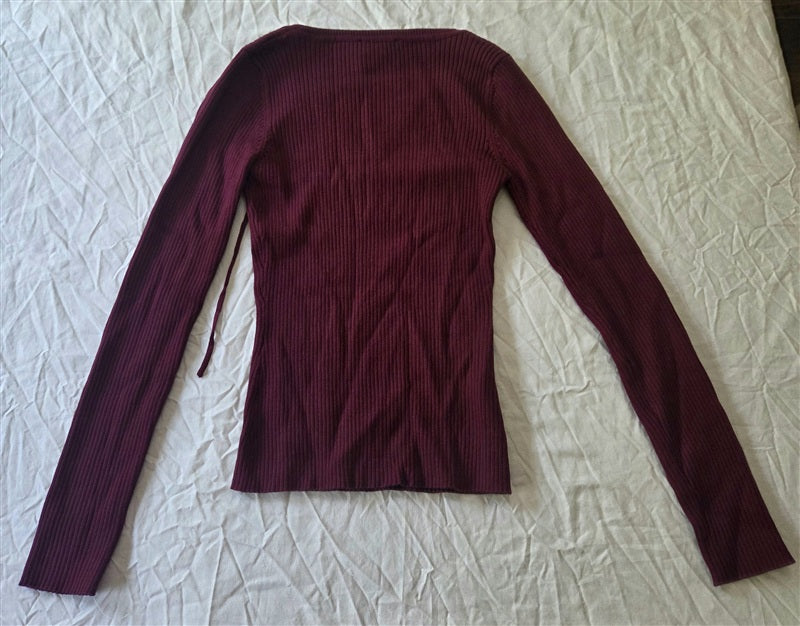 NWT Skies are Blue S Lace up Corset V neck Ribbed Knit Sweater Wine 136694