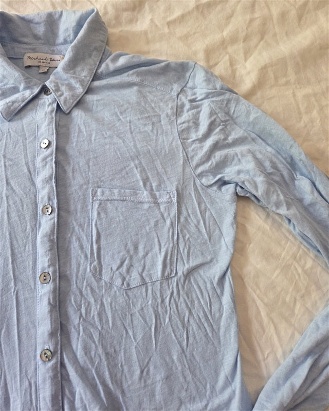 NWOT Michael Stars XS KNIT Harley Long Sleeve Button Down Top Blue 136716