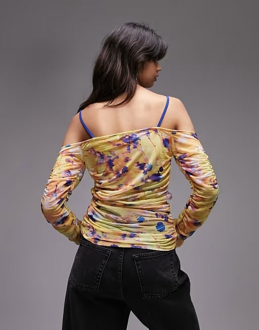 NWT Topshop 8-10 Multi Color Mesh Printed Long sleeve Ruched Bardot top 136718