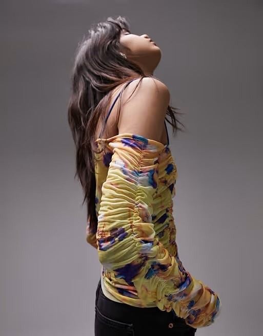 NWT Topshop 8-10 Multi Color Mesh Printed Long sleeve Ruched Bardot top 136718