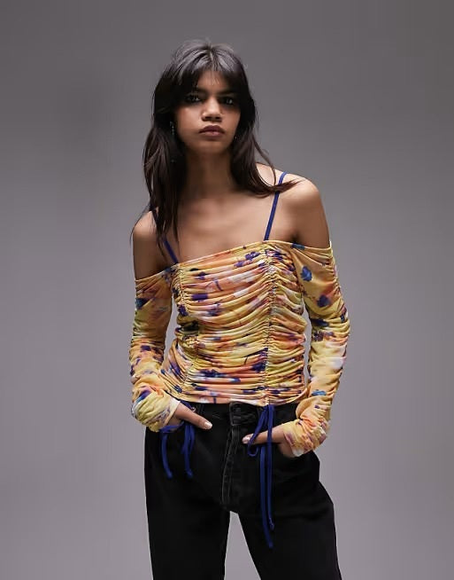 NWT Topshop 8-10 Multi Color Mesh Printed Long sleeve Ruched Bardot top 136718