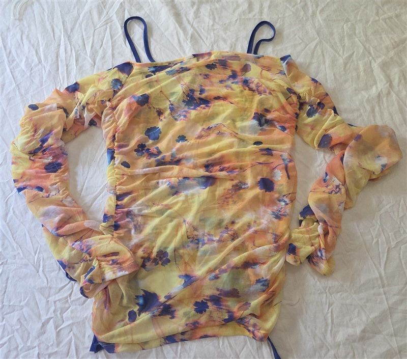 NWT Topshop 8-10 Multi Color Mesh Printed Long sleeve Ruched Bardot top 136718