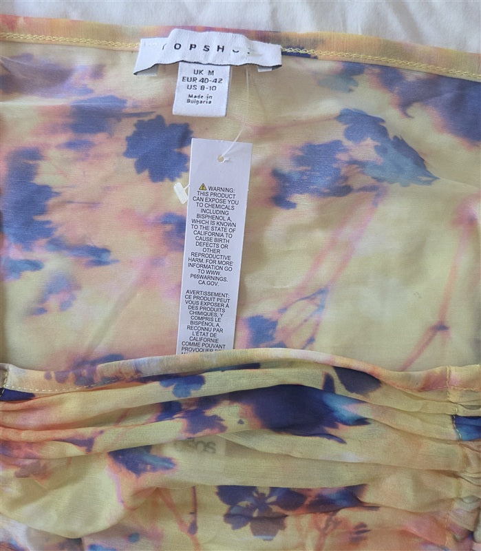 NWT Topshop 8-10 Multi Color Mesh Printed Long sleeve Ruched Bardot top 136718