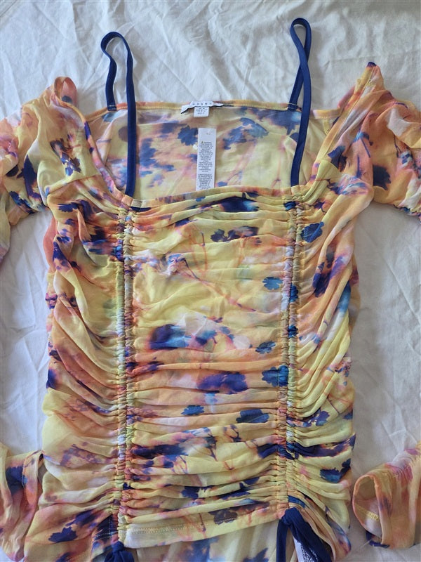 NWT Topshop 8-10 Multi Color Mesh Printed Long sleeve Ruched Bardot top 136718