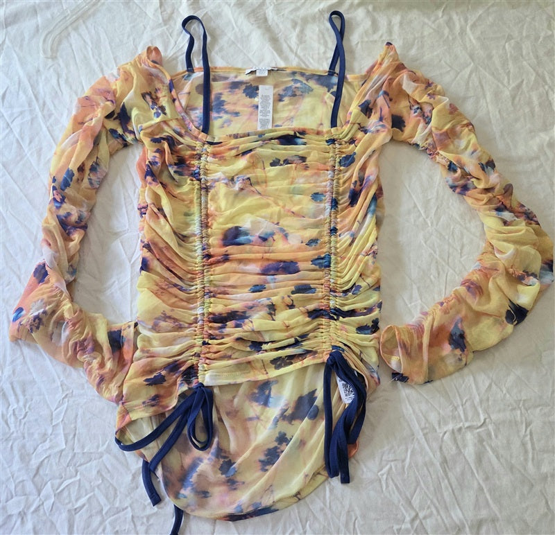 NWT Topshop 8-10 Multi Color Mesh Printed Long sleeve Ruched Bardot top 136718
