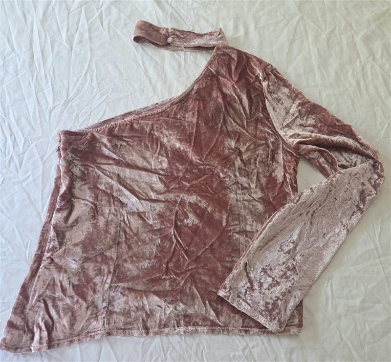 NWOT Anthropologie J.O.A. S 1 Shoulder Pink Velvet Choker Neck Top 136719