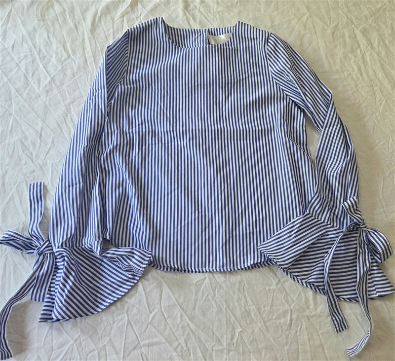 NWT Anthropologie J.O.A. X Small Tie Bell Sleeve Blue White Stripe Blouse 136721