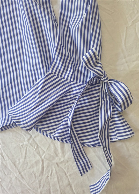 NWT Anthropologie J.O.A. X Small Tie Bell Sleeve Blue White Stripe Blouse 136721