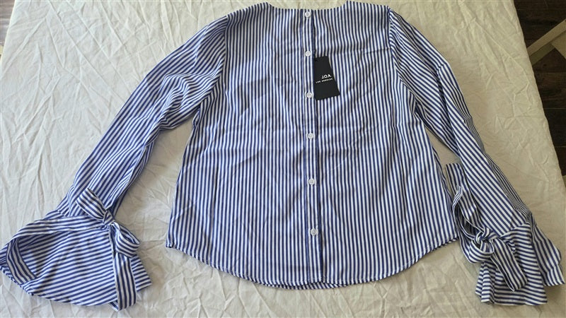 NWT Anthropologie J.O.A. X Small Tie Bell Sleeve Blue White Stripe Blouse 136721