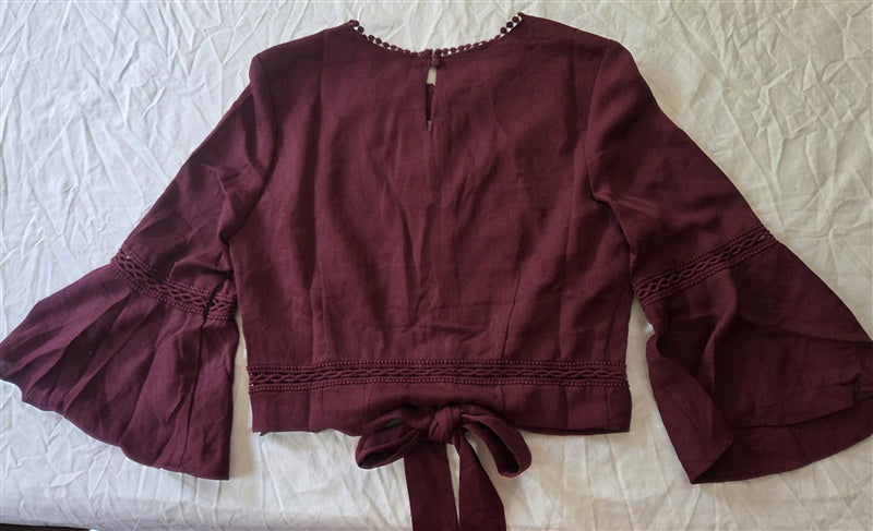 NWT Anthropologie J.O.A. S Cropped Pom Pom Trim Burgundy Bell Sleeve Top 136725