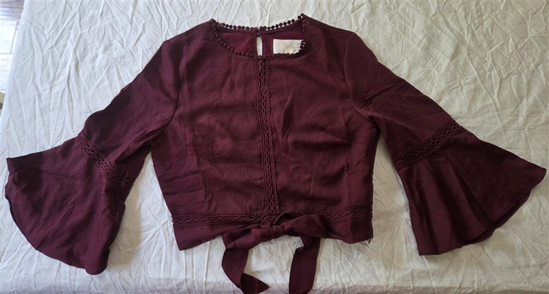 NWT Anthropologie J.O.A. S Cropped Pom Pom Trim Burgundy Bell Sleeve Top 136725