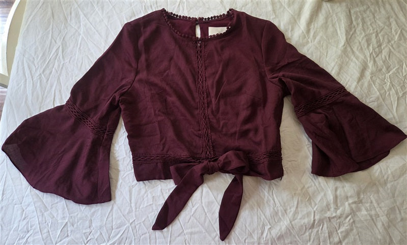 NWT Anthropologie J.O.A. S Cropped Pom Pom Trim Burgundy Bell Sleeve Top 136725