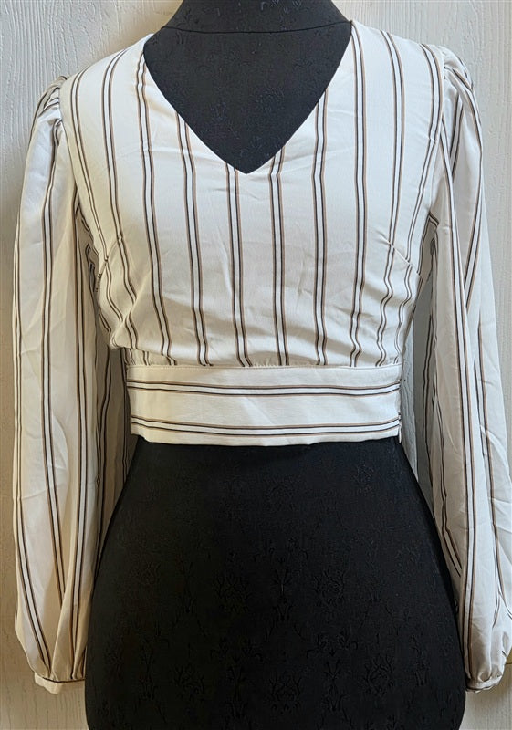 NWT Anthropologie J.O.A. XS Cropped V Neck Striped Bow Top 136728