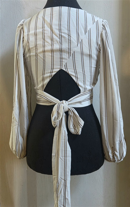 NWT Anthropologie J.O.A. XS Cropped V Neck Striped Bow Top 136728