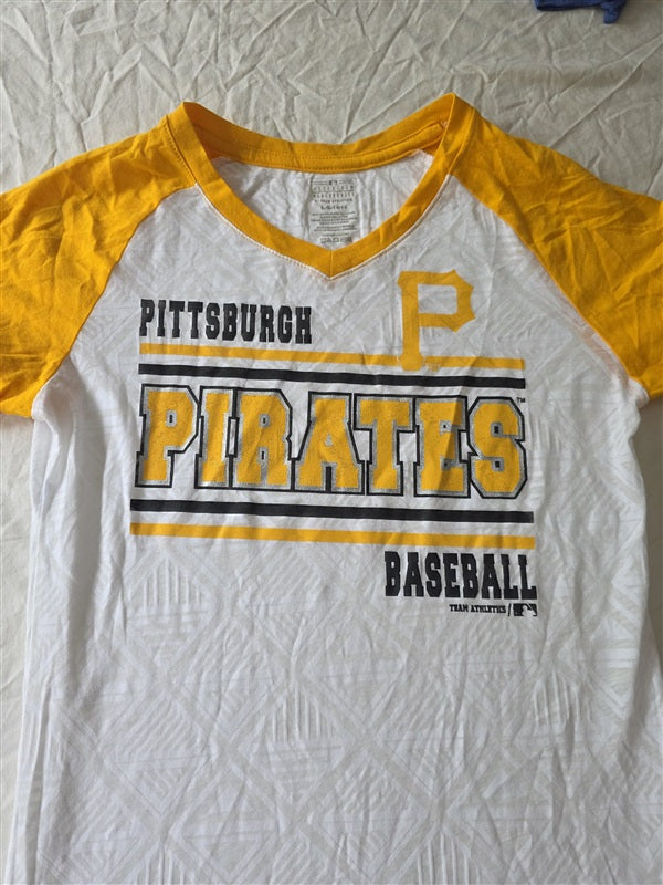 NWOT MLB L Pittsburg Pirates Yellow white V Neck Baseball T Shirt 136741