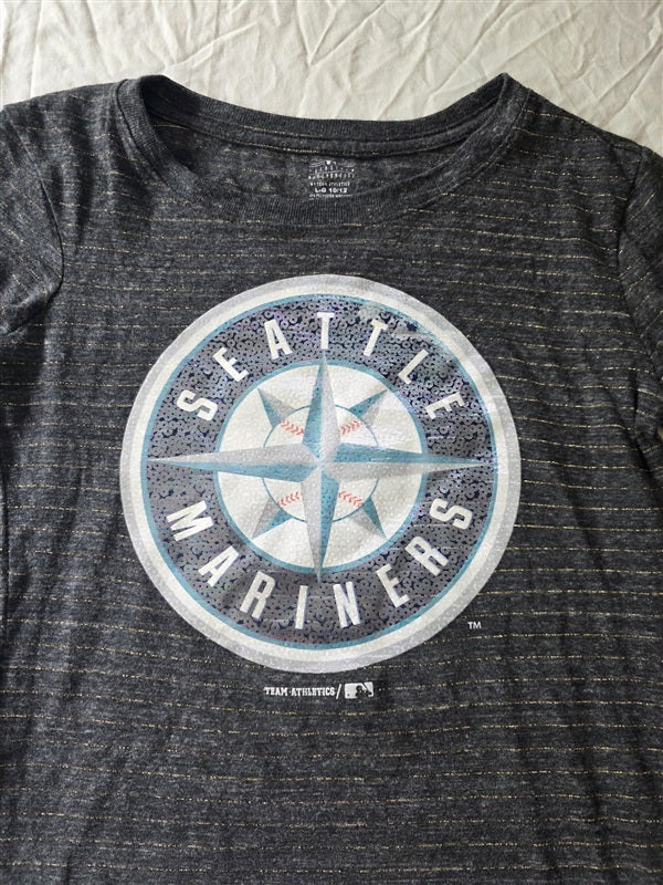 NWOT MLB L 10/12 Seattle Mariners Girls Glitter Stripe Baseball T Shirt 136744