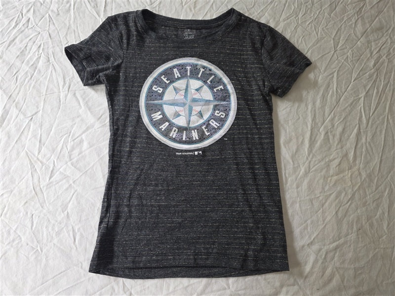 NWOT MLB L 10/12 Seattle Mariners Girls Glitter Stripe Baseball T Shirt 136744