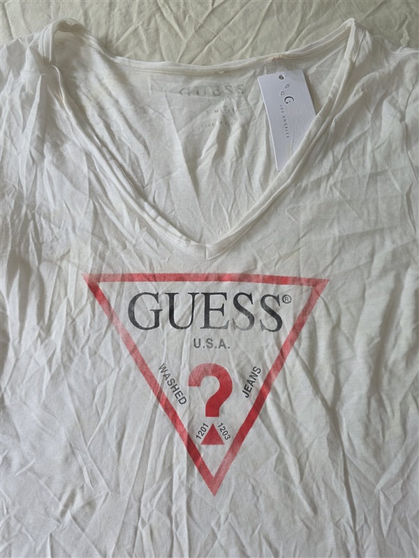 NWT Guess Large Distressed Logo V Neck T Shirt White Red 136763