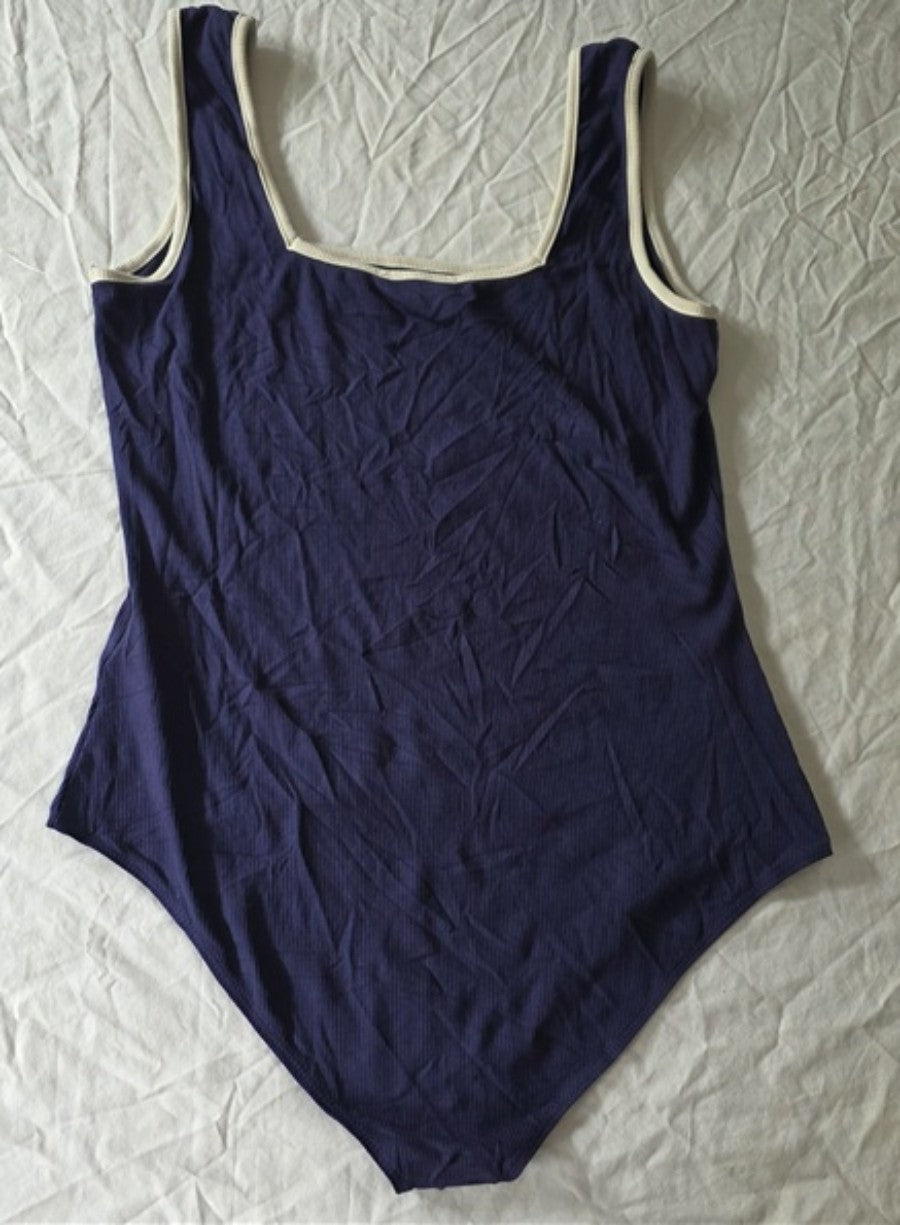 NWOT Kaileigh L Scoop Neck Tank Bodysuit Blue White Trim Ribbed 136764