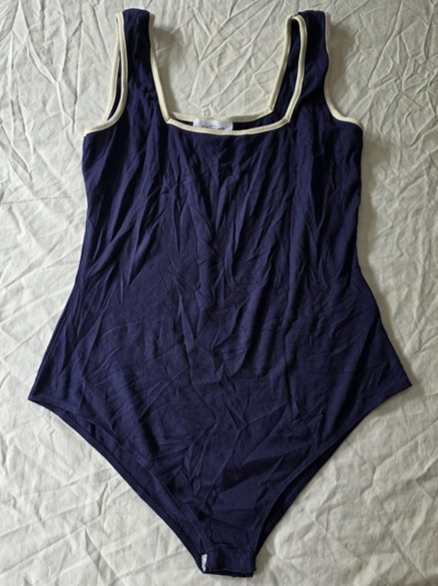 NWOT Kaileigh L Scoop Neck Tank Bodysuit Blue White Trim Ribbed 136764