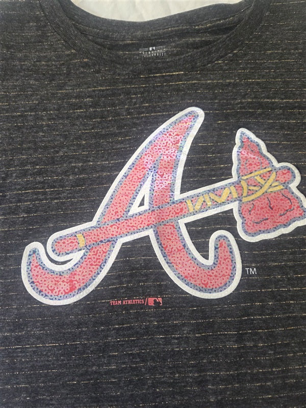 NWOT MLB L 10/12 Atlanta Braves Girls Glitter Stripe Baseball T Shirt 136797