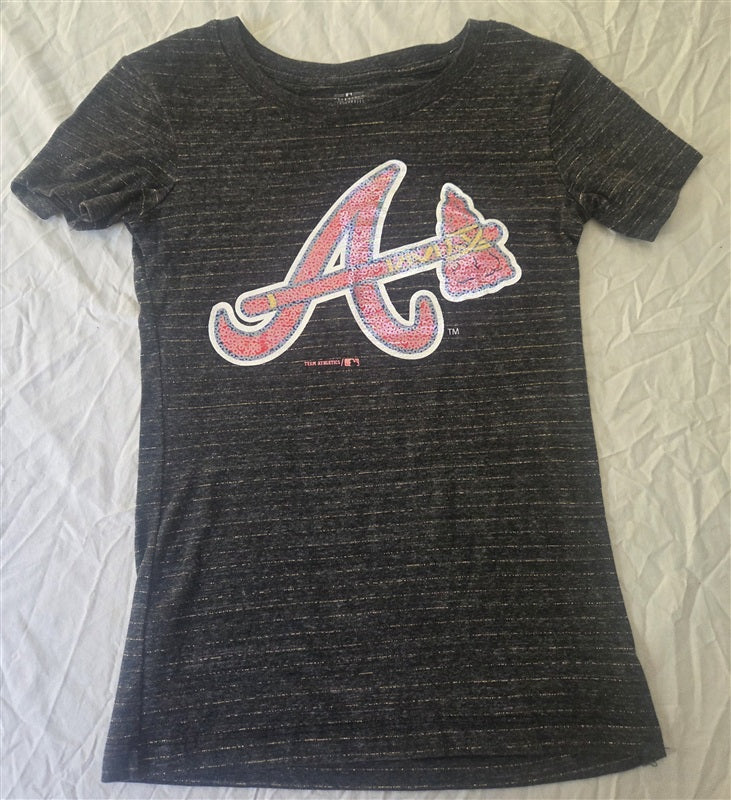 NWOT MLB L 10/12 Atlanta Braves Girls Glitter Stripe Baseball T Shirt 136797