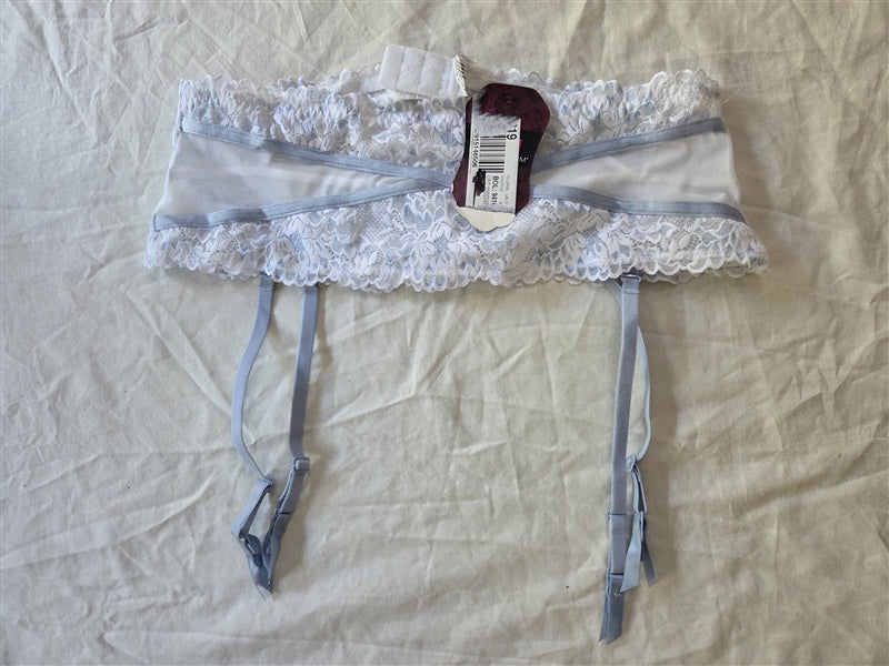 NWT Maidenform LG Super Sexy Floral Lace Garter Belt MFB102 White & Blue 136800