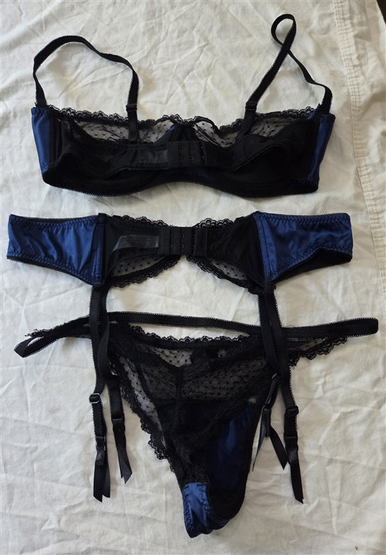 NWT Oh La La Cheri XL Shayla 3 Pc Set Blue Black Satin Lace 136811