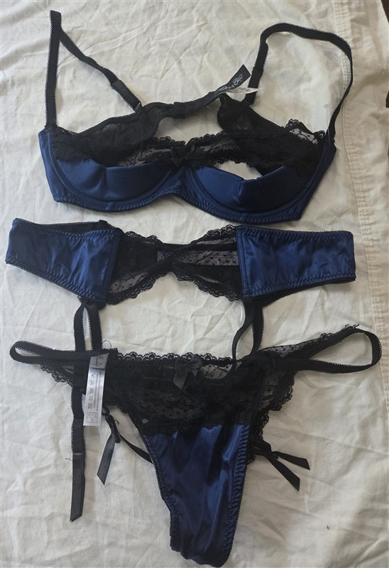 NWT Oh La La Cheri XL Shayla 3 Pc Set Blue Black Satin Lace 136811