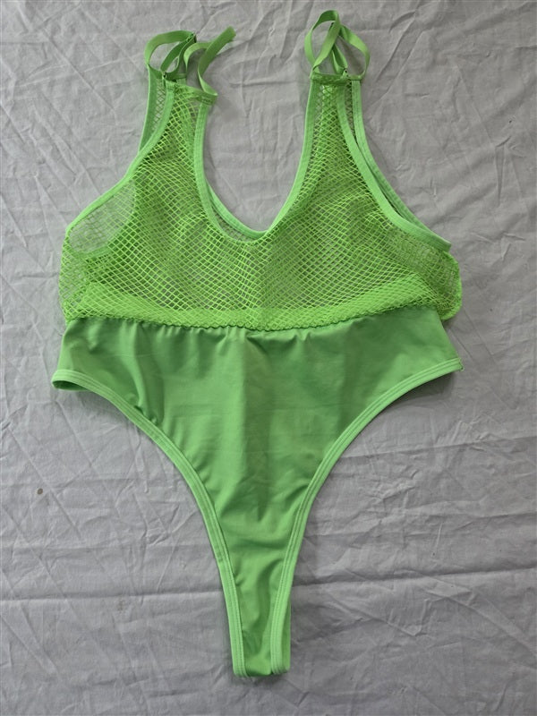 NWOT Neon Green Thong Mesh Fish Net 2Pc Suspender Mono-Kini 136836