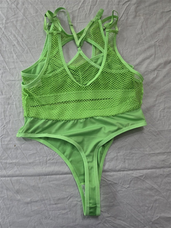 NWOT Neon Green Thong Mesh Fish Net 2Pc Suspender Mono-Kini 136836
