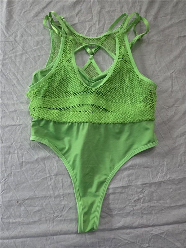 NWOT Neon Green Thong Mesh Fish Net 2Pc Suspender Mono-Kini 136836