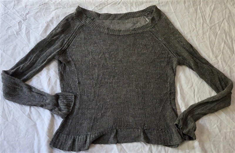 PO Eileen Fisher OS Open Lace Long Sleeve Cropped Sweater Olive Green 136850