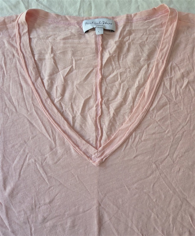 NWOT Michael Stars L Baxter Raw Hem V Neck Short Sleeve T Shirt Pink 136853