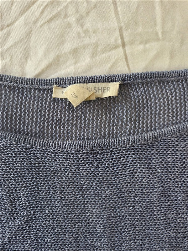 NWOT Eileen Fisher S Organic Linen Open Lace Knit Blue Sweater 136865