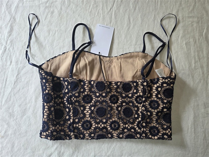 NWT Anthropologie J.O.A. X SMALL Navy Blue Lace Spaghetti Strap Crop Top 136896
