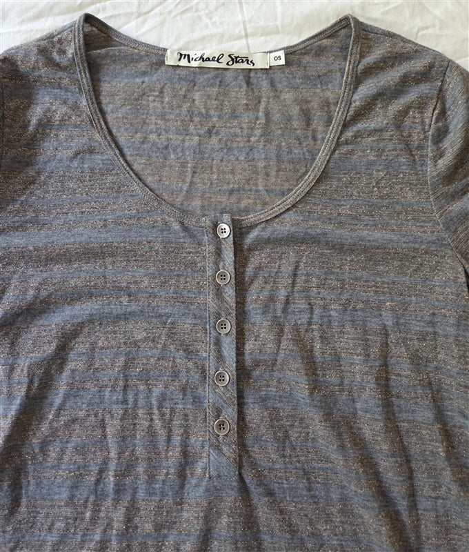 NWOT Michael Stars OS Stripe Scoop Neck Henley Tunic Top Gray 136902