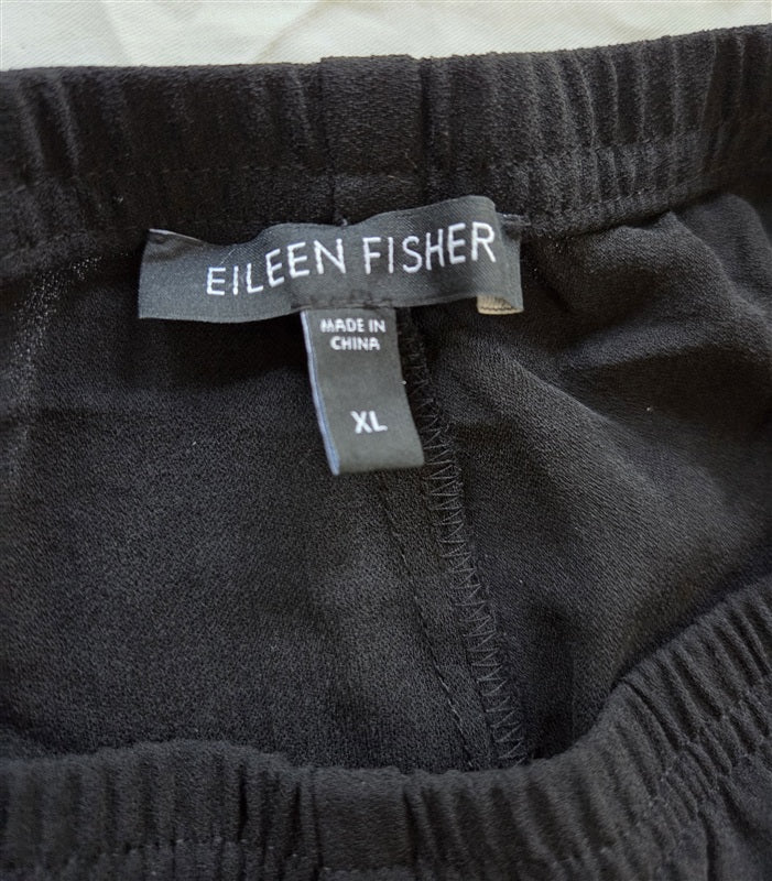 NWOT Eileen Fisher XL Silk Elastic Waist Straight Leg Pants Black Stretch 136904