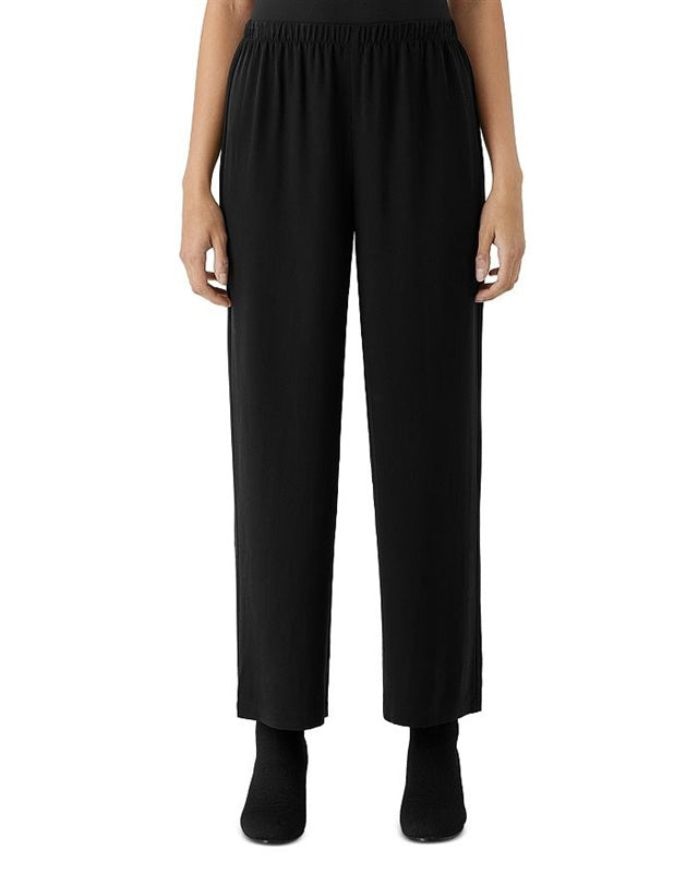 NWOT Eileen Fisher XL Silk Elastic Waist Straight Leg Pants Black Stretch 136904