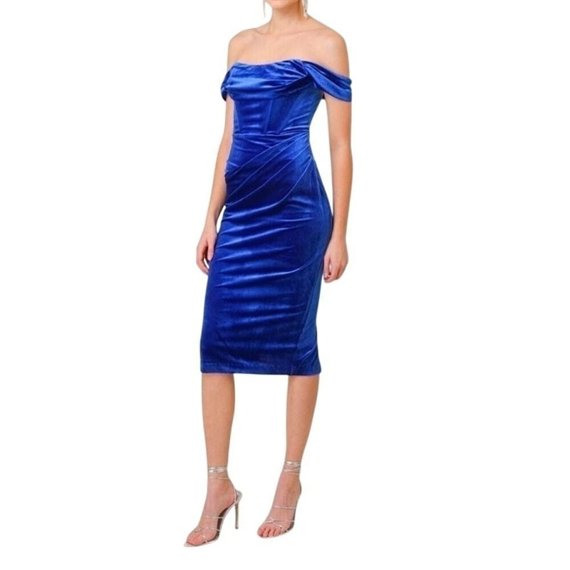 NWT Line & Dot S Drape Off Shoulder Blue Cocktail Dress 136407