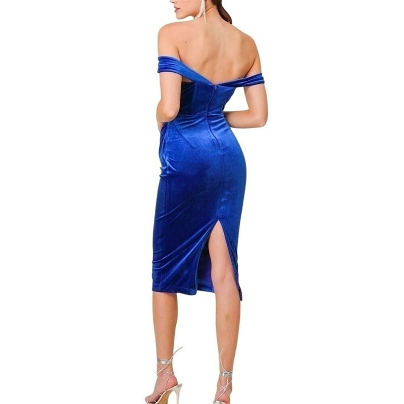 NWT Line & Dot S Drape Off Shoulder Blue Cocktail Dress 136407