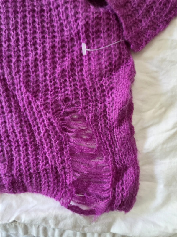 NWT Anthropologie J.O.A. L Purple Distressed Open Knit Pullover Sweater 136913
