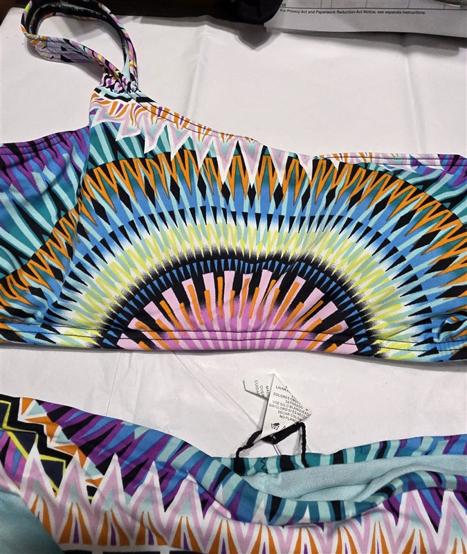 NWT BarIII Sunburst Geo L 1 Shoulder Bikini Swim Top & Hipster Bottom Set 136917