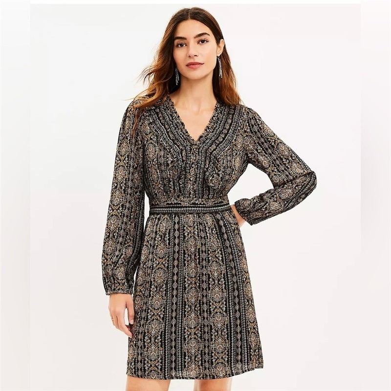 NWOT Loft 10 Shimmer Ruffle V-Neck Flare Mini Dress Black 136924