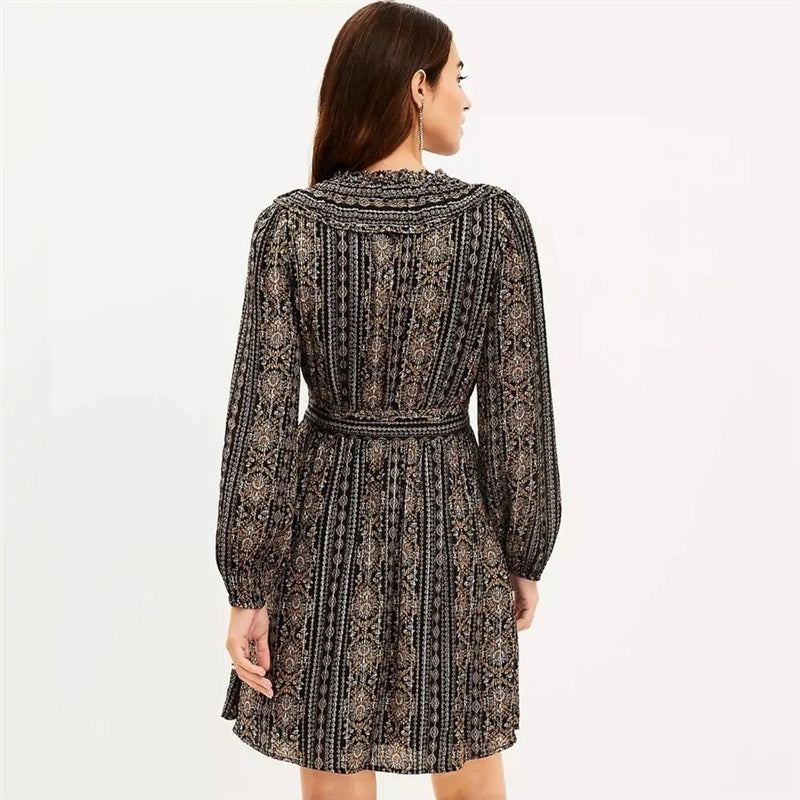 NWOT Loft 10 Shimmer Ruffle V-Neck Flare Mini Dress Black 136924