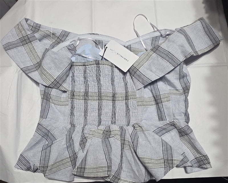 NWT Anthropologie J.O.A. x Chriselle XS Off Shoulder Plaid Peplum Top 136947
